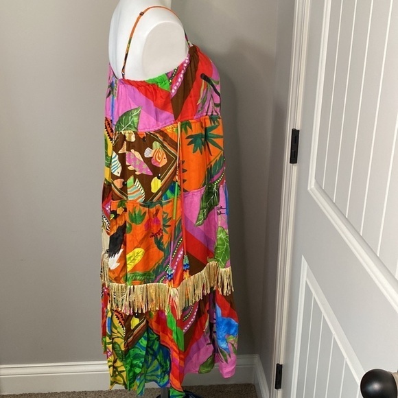 Farm Rio Anthropologie Dress Palila Tropical Printed Fringe Casual Midi Sz S NEW - Picture 8 of 16